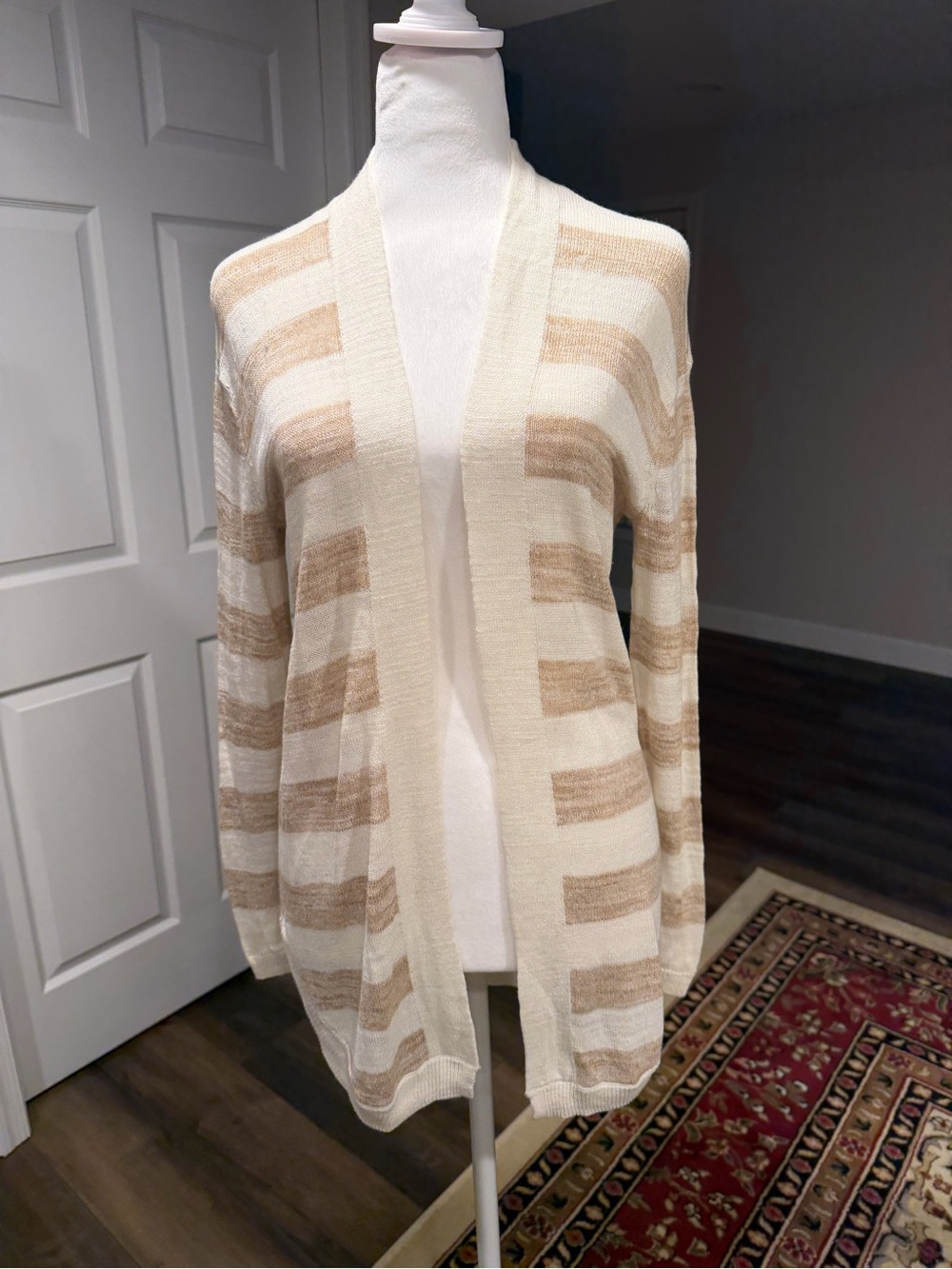 Talbots Cream and Beige Striped Open-Front Cardigan